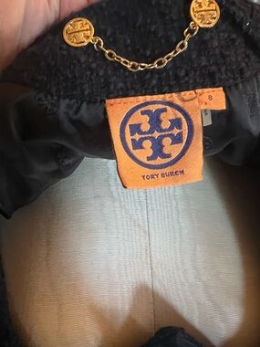 Tory Burch Black Tweed Jacket with Gold Chain and Orange Logo Tag